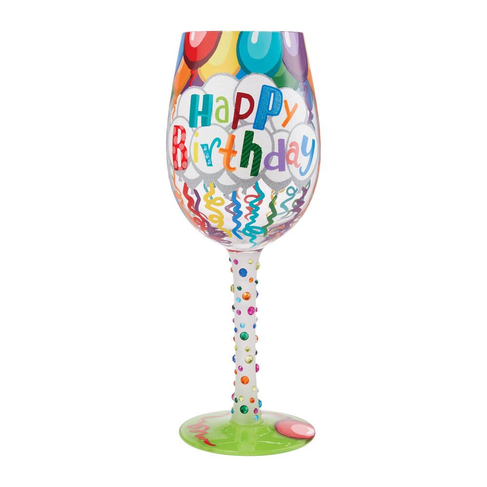 Decorative birthday wine glass with colorful balloon and confetti design