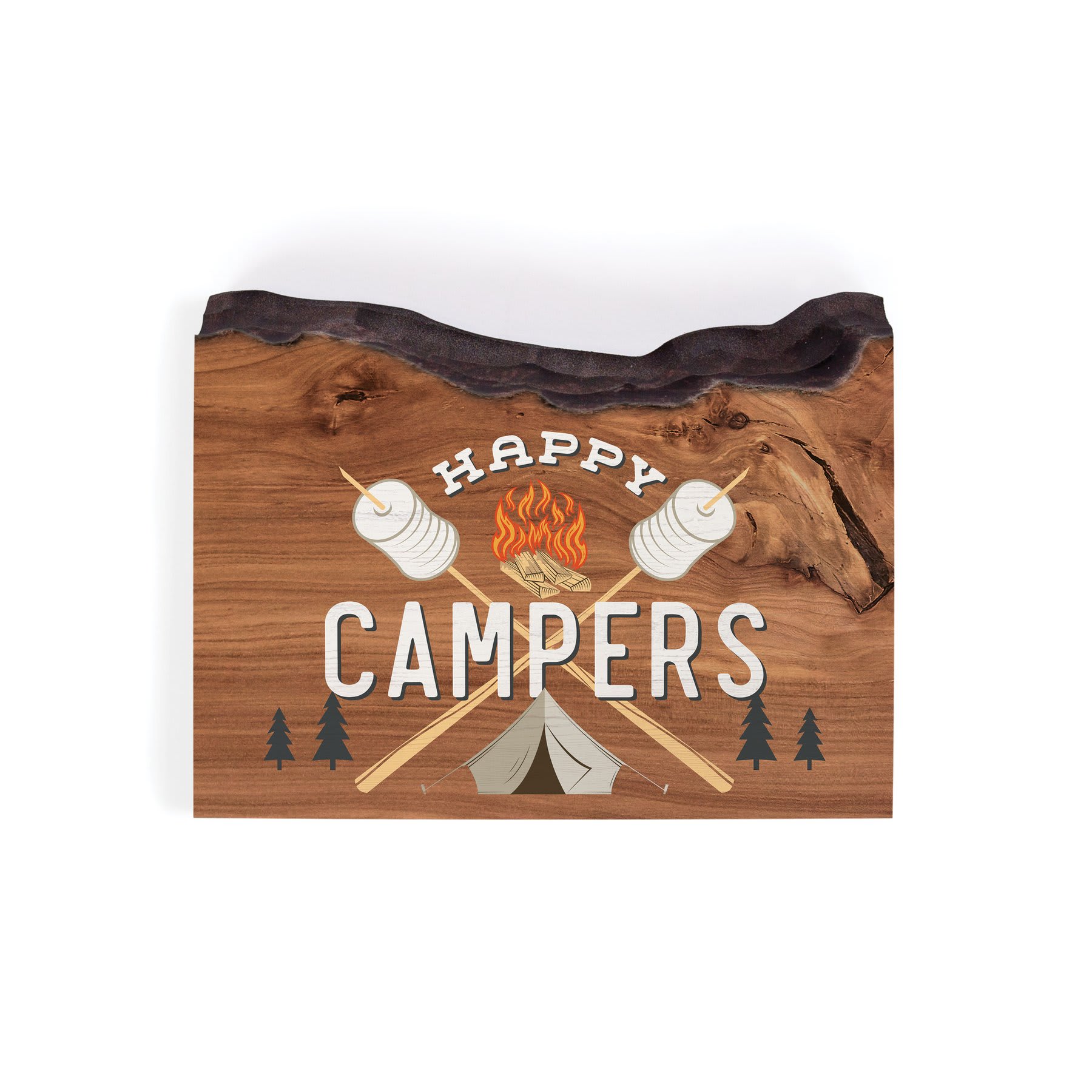 Wooden sign reading Happy Campers with a tent and campfire graphic