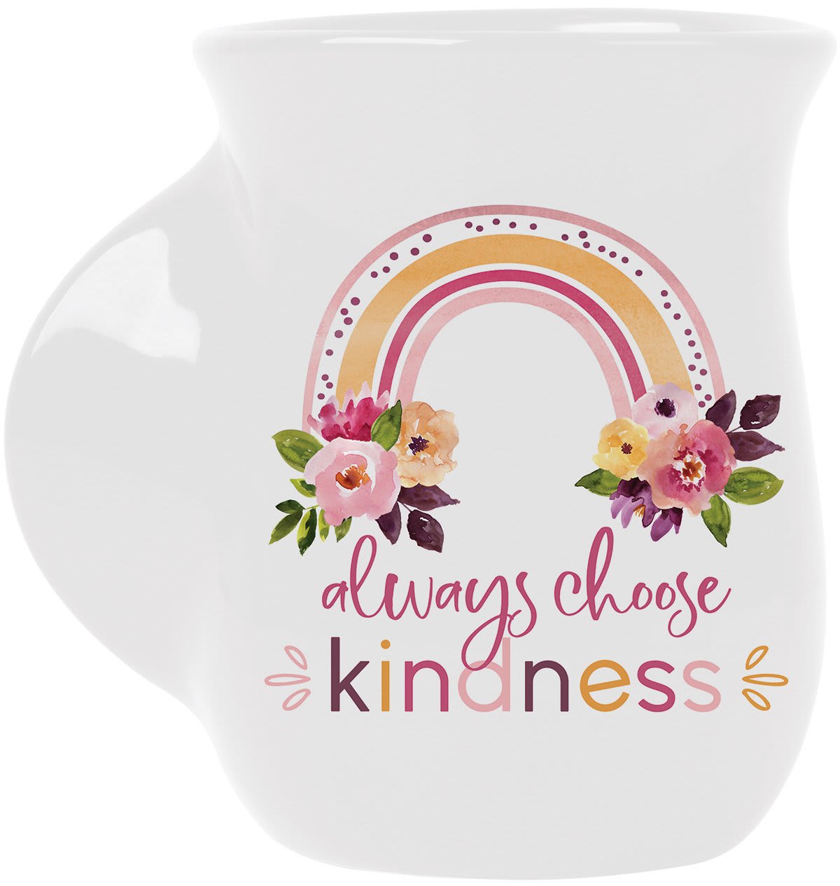 White mug with a rainbow floral design and the words always choose kindness