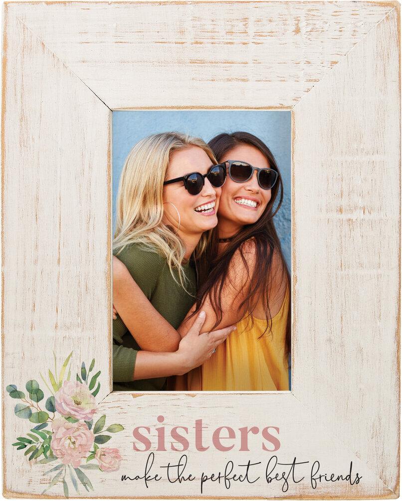 Wooden photo frame with a sisters quote and floral corner art