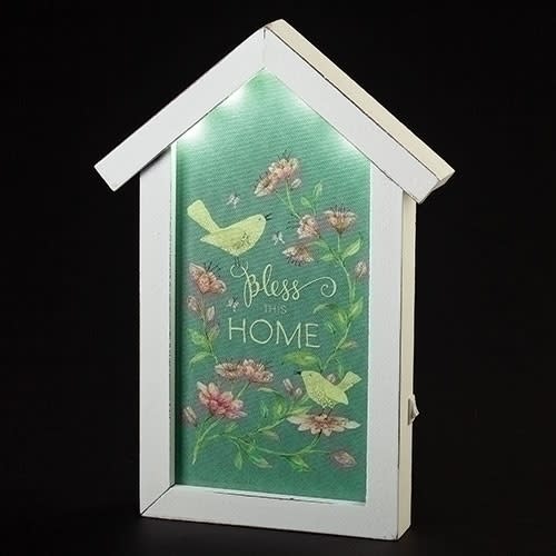 House-shaped wall decor with birds, flowers, and the words "Bless this home"