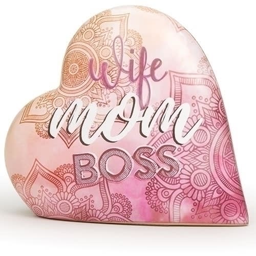 Heart-shaped decorative pillow with "wife mom boss" text