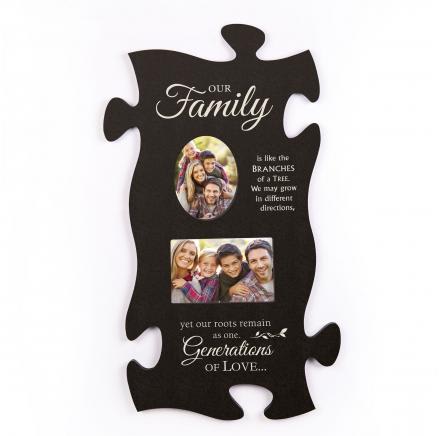 Black puzzle-piece wall plaque with family photos and white text