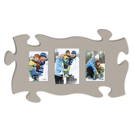 Puzzle-piece photo frame with three winter family pictures