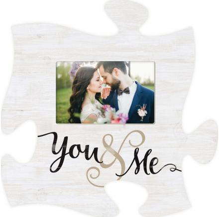 White decorative photo frame with "You &amp; Me" text and a couple's picture