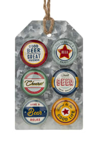 Metal wall sign with six beer-themed round plaques and a rope hanger