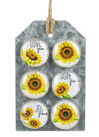 Sunflower-themed hanging plaque with six round inserts