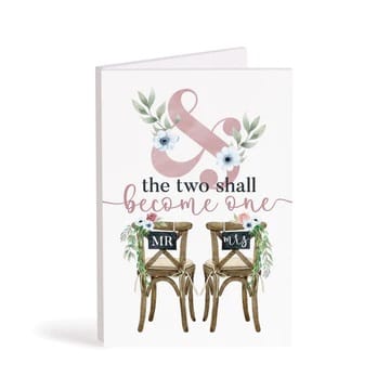 Wedding card with two chairs labeled Mr and Mrs