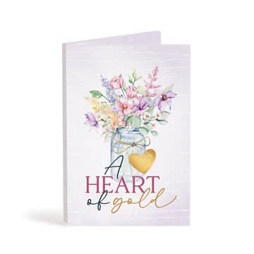 Greeting card with a watercolor flower bouquet and the words "A Heart of gold"