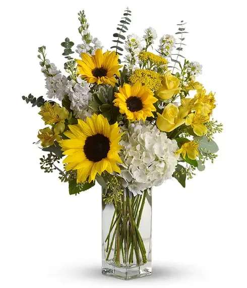 Sunflower Yellow Bliss - A beautiful mix of yellow and white. Sunflowers, hydrangea, stock, yellow roses, seeded eucalyptus and others. This arrangement makes any room beautiful!