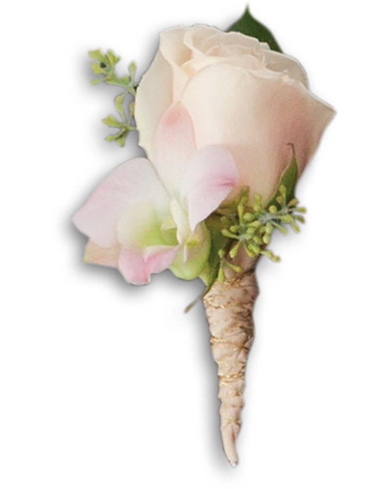 Small pale pink and white boutonniere with a wrapped stem