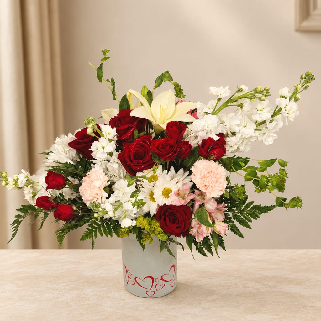 Mixed bouquet of red and white flowers in a heart-decorated vase