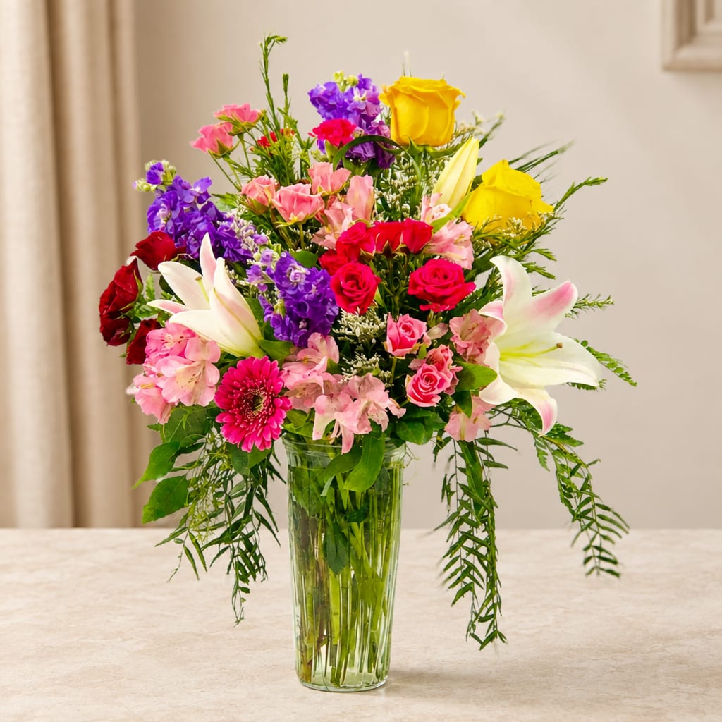 Mixed bouquet of roses, lilies, and pink and purple flowers in a glass vase