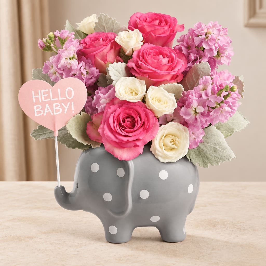 Pink and white roses in a gray polka-dot elephant vase with a "Hello Baby!" sign