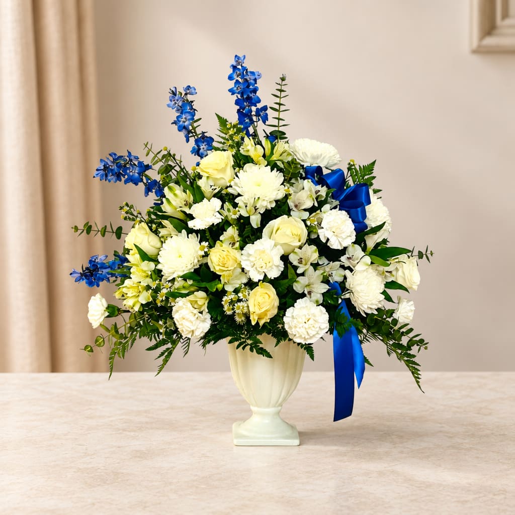 White and yellow flower arrangement in a cream vase with blue accents