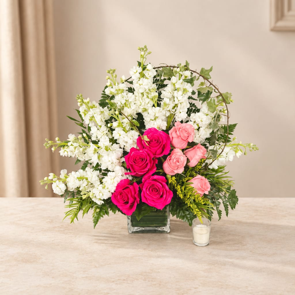 Pink and white rose arrangement in a square glass vase