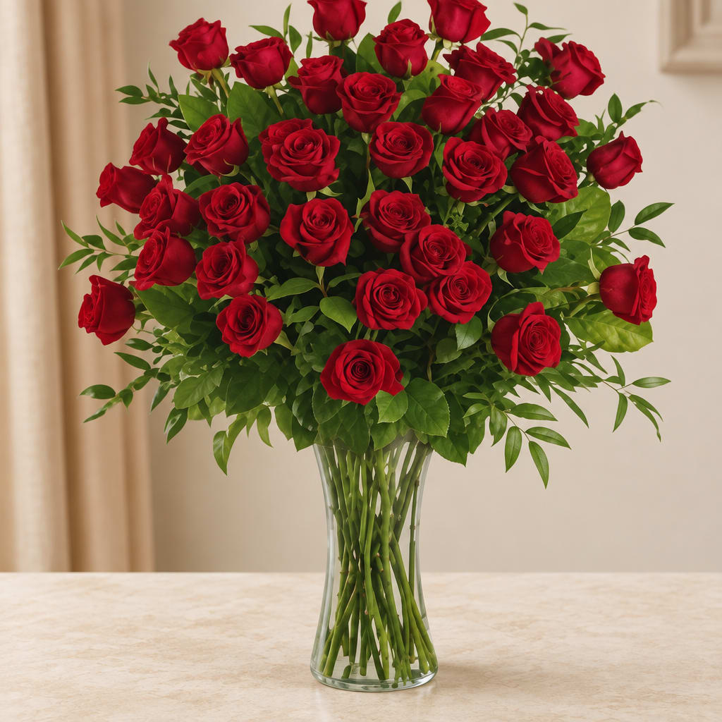 Bouquet of red roses in a clear glass vase