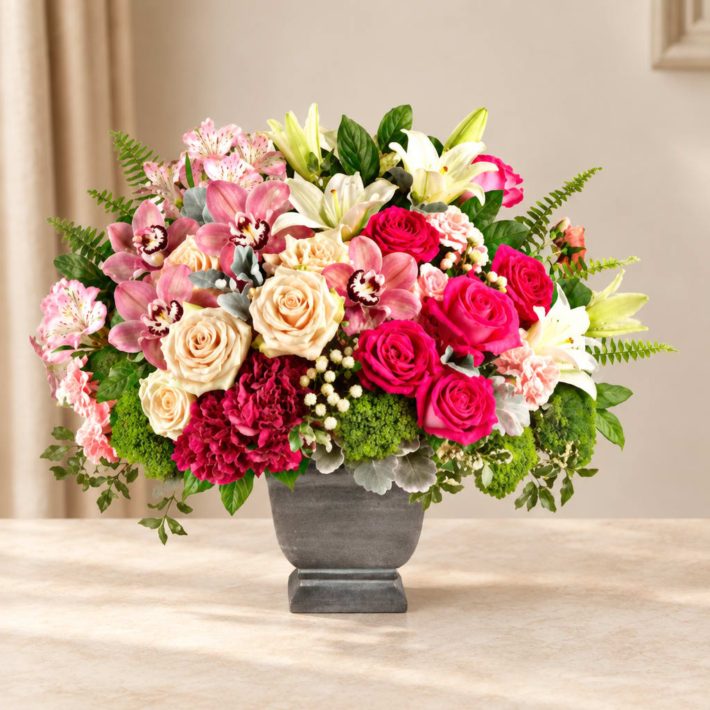 Mixed bouquet of pink roses, lilies, and orchids in a gray vase