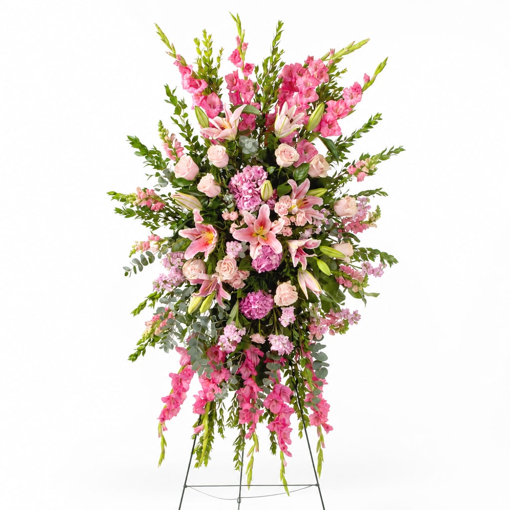 Tall pink floral standing spray on an easel