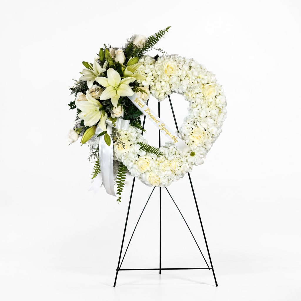 White floral sympathy wreath on a black stand with lilies and roses
