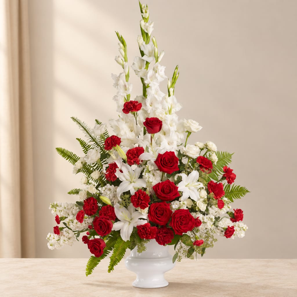 Red roses and white lilies in a white vase