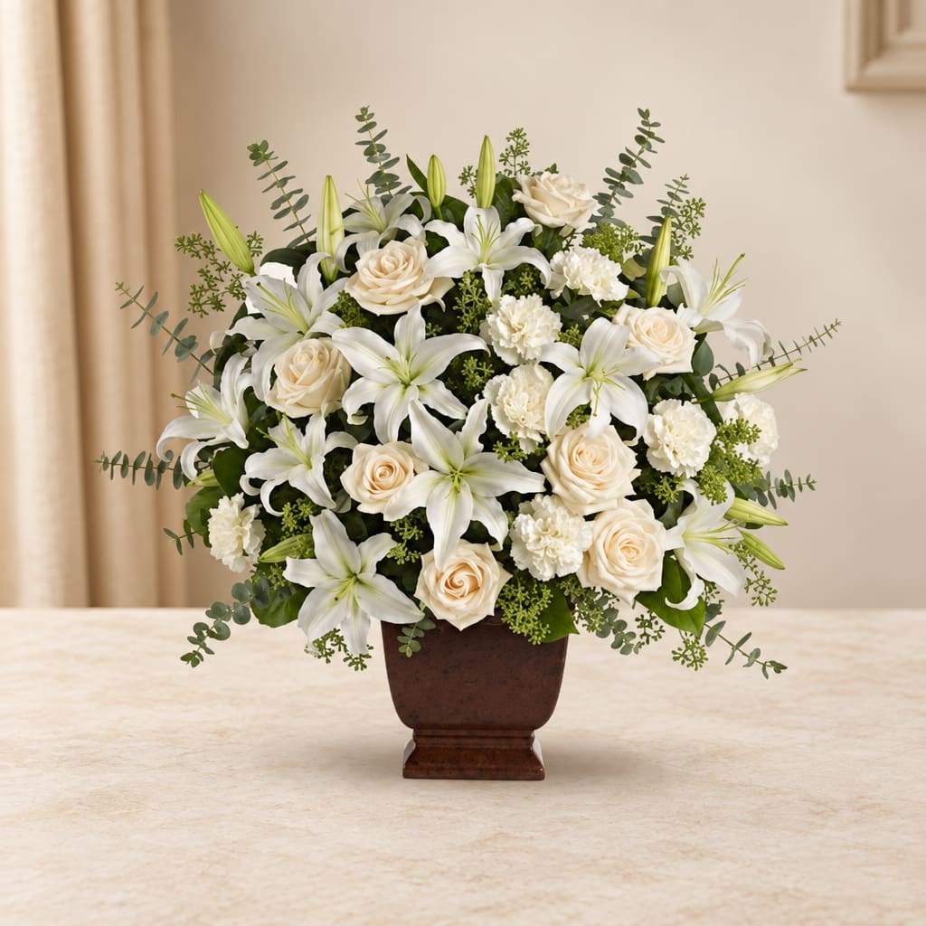 White lilies and cream roses arranged in a brown urn vase