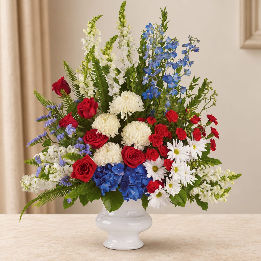 Mixed bouquet of red, white, and blue flowers in a white vase