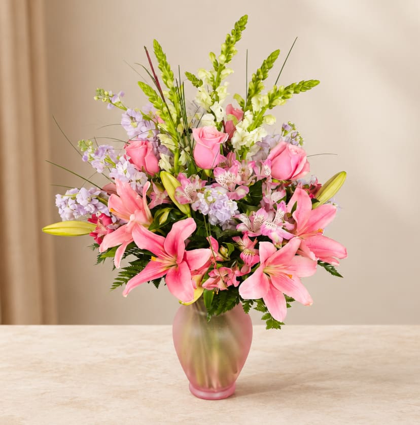 Pink lilies and roses arranged in a frosted glass vase