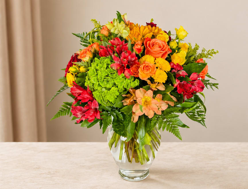 Colorful mixed bouquet in a clear glass vase