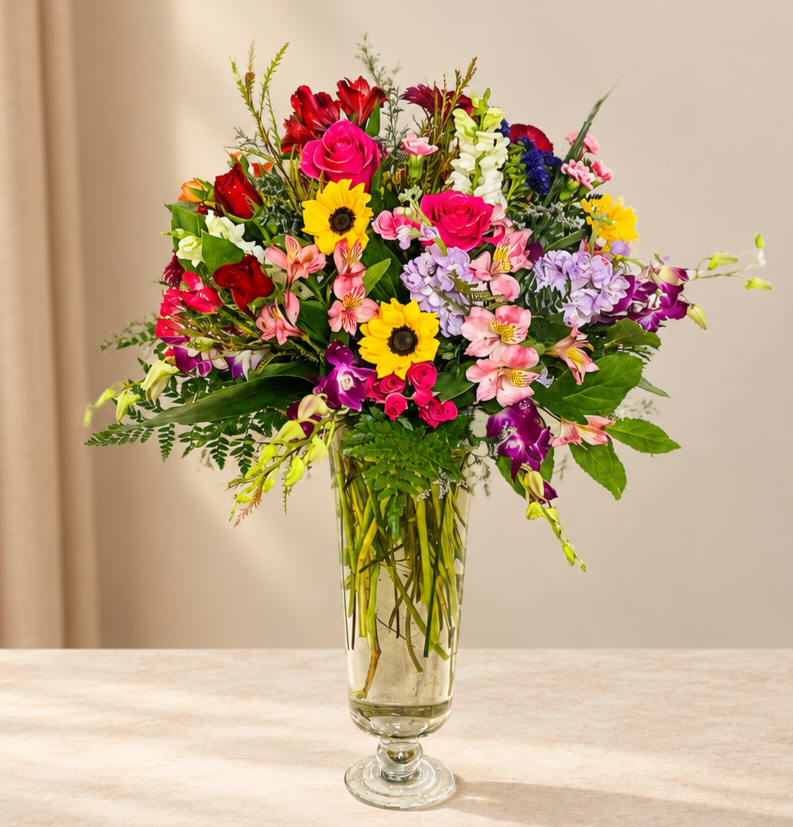 Colorful mixed bouquet in a clear glass vase