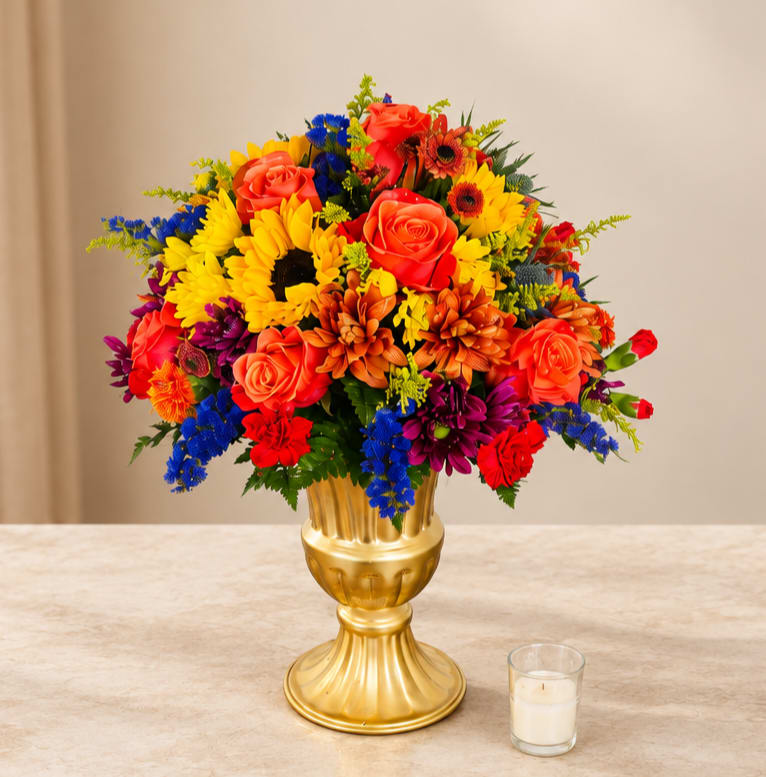 Colorful bouquet of mixed flowers in a gold vase with a candle nearby