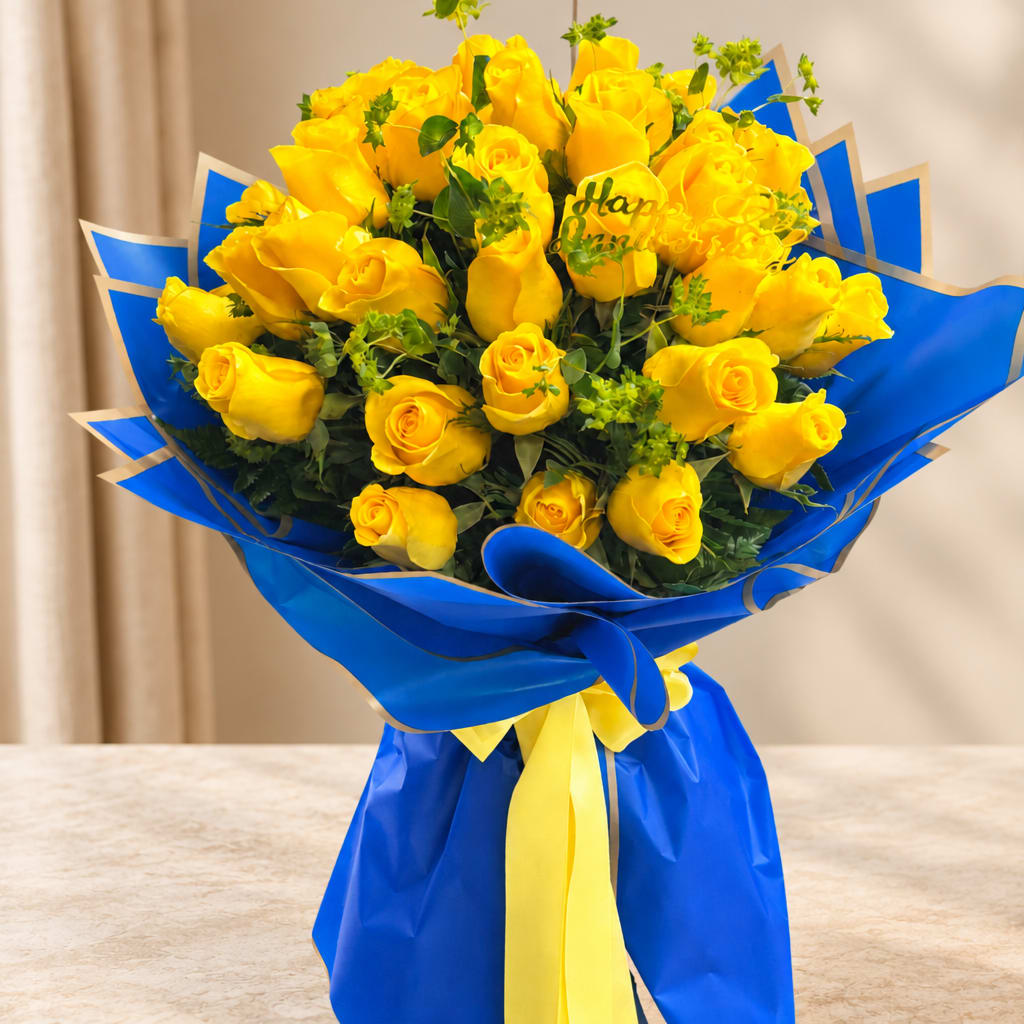 Bouquet of yellow roses wrapped in blue paper with a yellow ribbon.