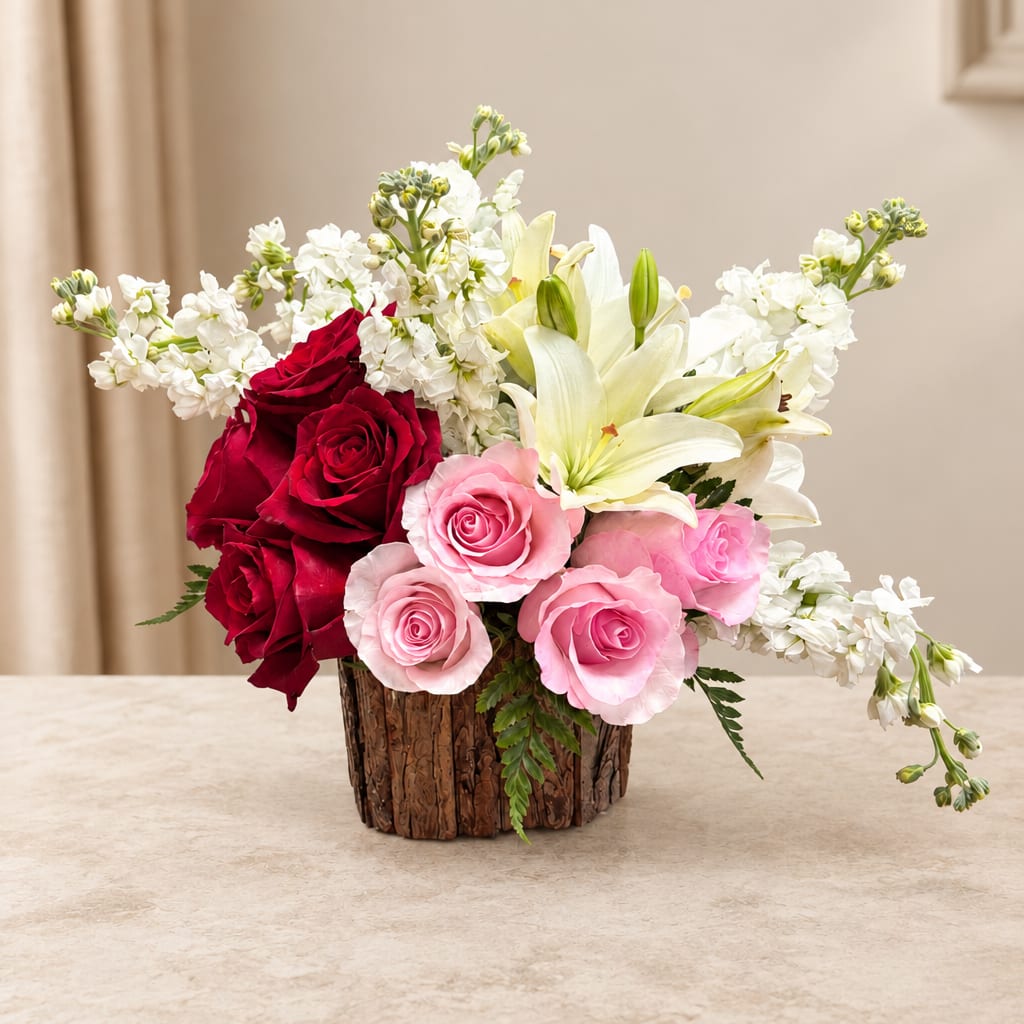 Bouquet of red and pink roses with white lilies in a rustic wooden container