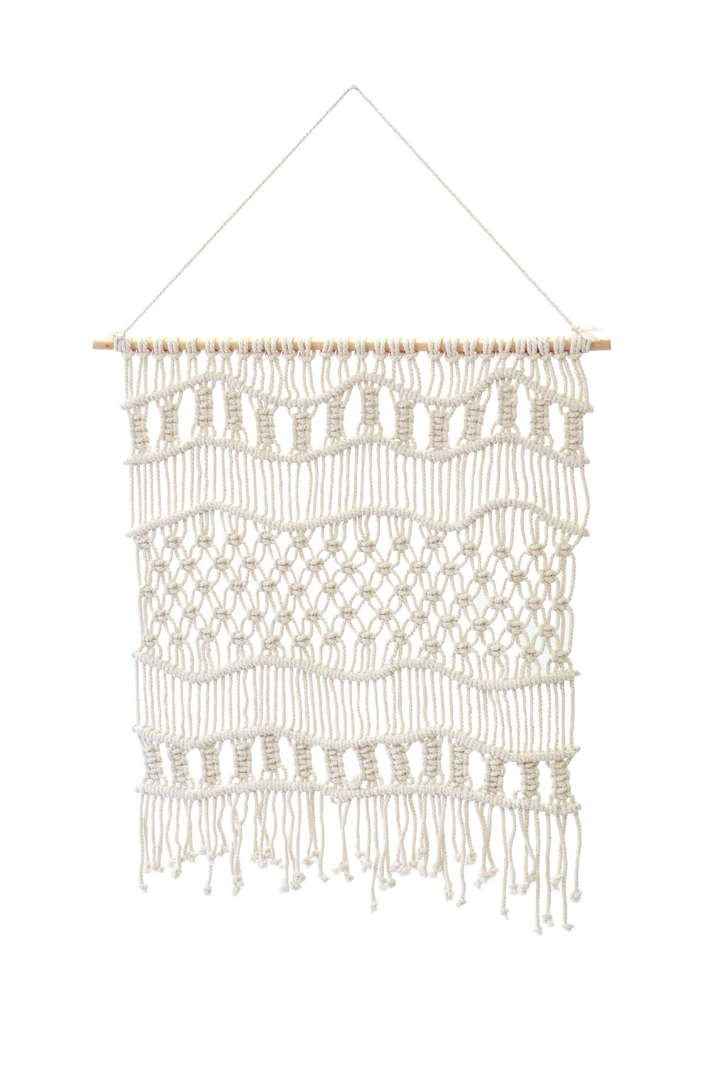 Cream macramé wall hanging with a wooden dowel and hanging cord