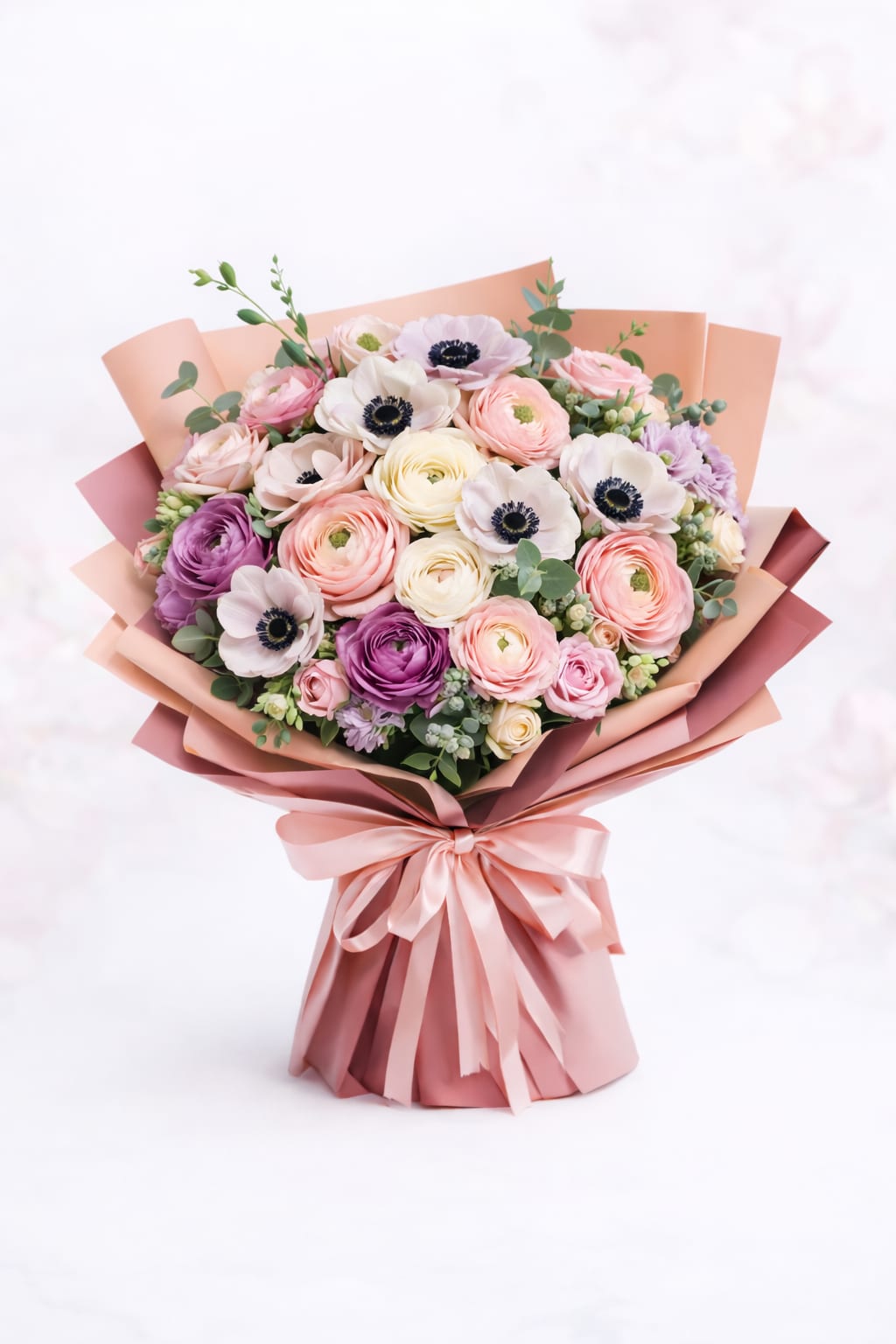 Bouquet of pastel flowers wrapped in pink paper with a satin ribbon
