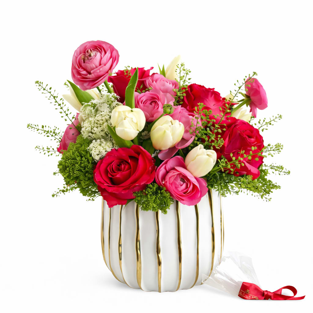 Pink and red roses with white tulips in a white vase