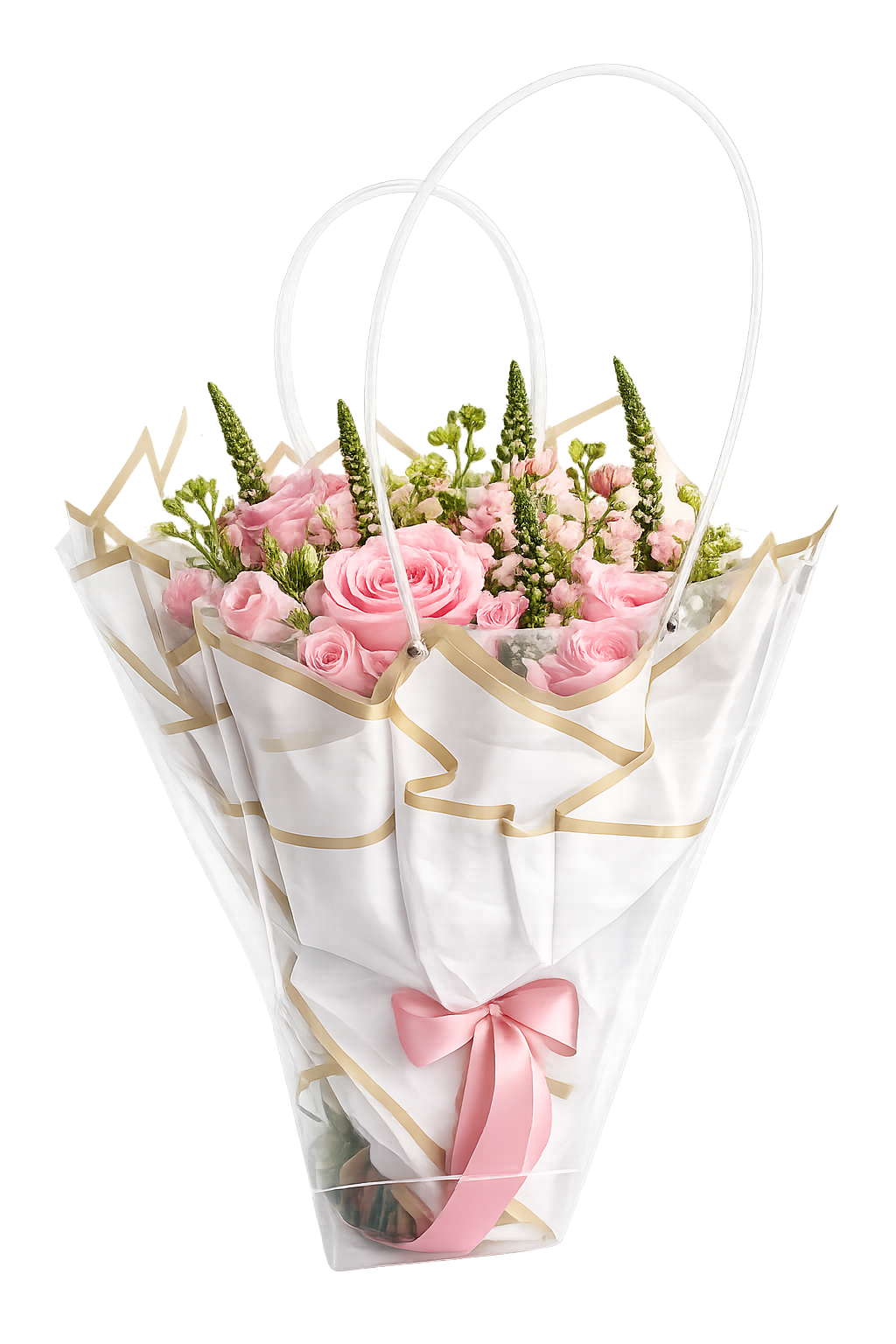 Pink Rose Hand-Tied Bouquet in Premium Gift Wrap | Same Day Delivery Miami - A refined hand-tied bouquet featuring soft pink roses and delicate seasonal blooms, beautifully presented in premium white wrapping with gold trim and a satin pink bow. Designed as a gift-ready bouquet with elegant handles, this arrangement delivers a polished, modern look the moment it arrives—no extra styling needed.  Perfect for Valentine’s Day, birthdays, anniversaries, thank-you gifts, or a chic “just because” surprise. Handcrafted in our Miami floral studio using fresh, high-quality flowers selected daily for color harmony and longevity.  Please note: Flower varieties may vary slightly based on seasonal availability while maintaining the same palette, style, and overall presentation.  Available for same-day flower delivery in Miami, including Miami Beach, Aventura, Sunny Isles, Bal Harbour, and surrounding areas.  #LuxuryFlowersMiami #ValentinesDayFlowers #MiamiFlorist #SameDayFlowerDeliveryMiami #RomanticFlowers #PinkRoses #FlowerDeliveryMiami