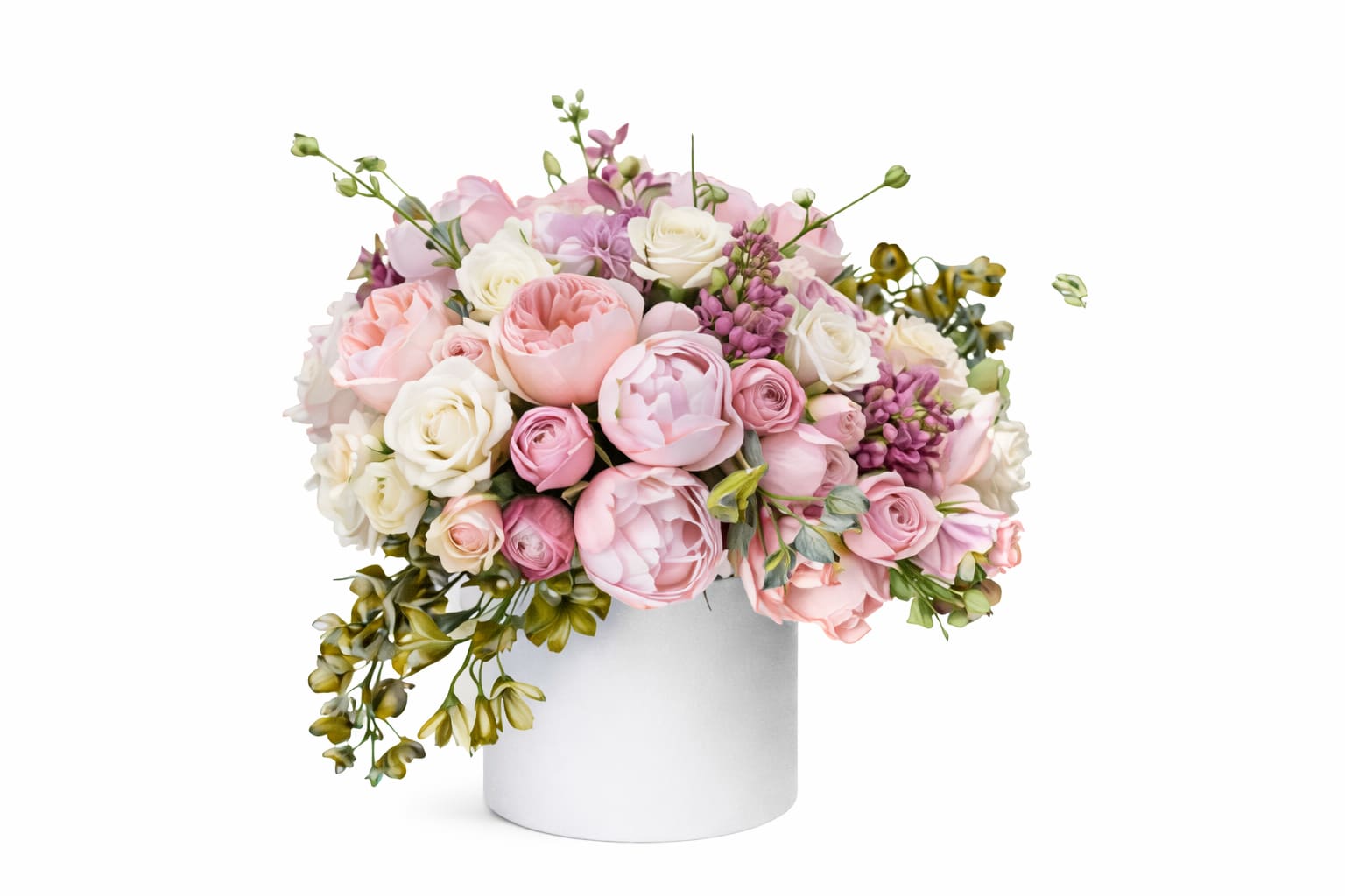 Pink and white rose bouquet in a white cylindrical vase
