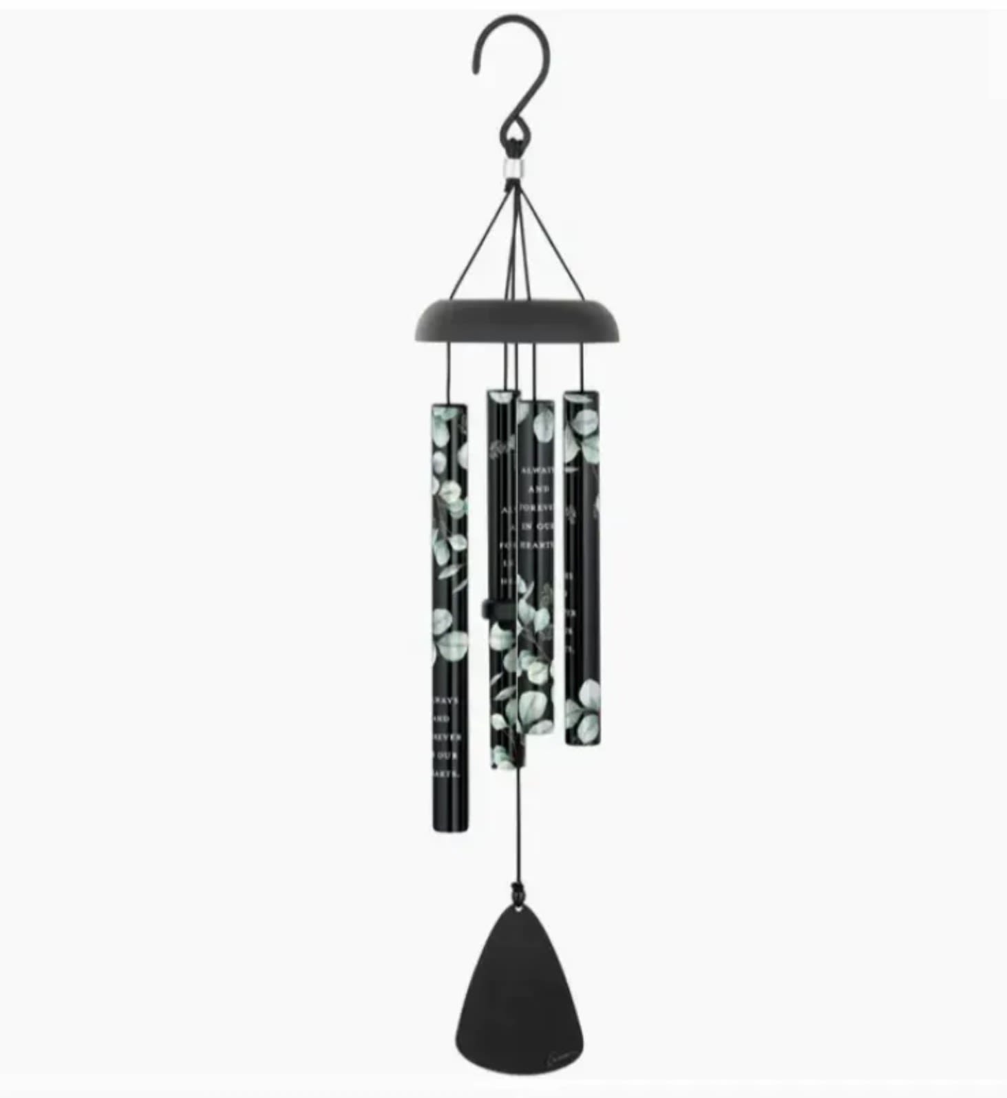 Black hanging wind chime with printed tubes and a bell-shaped clapper
