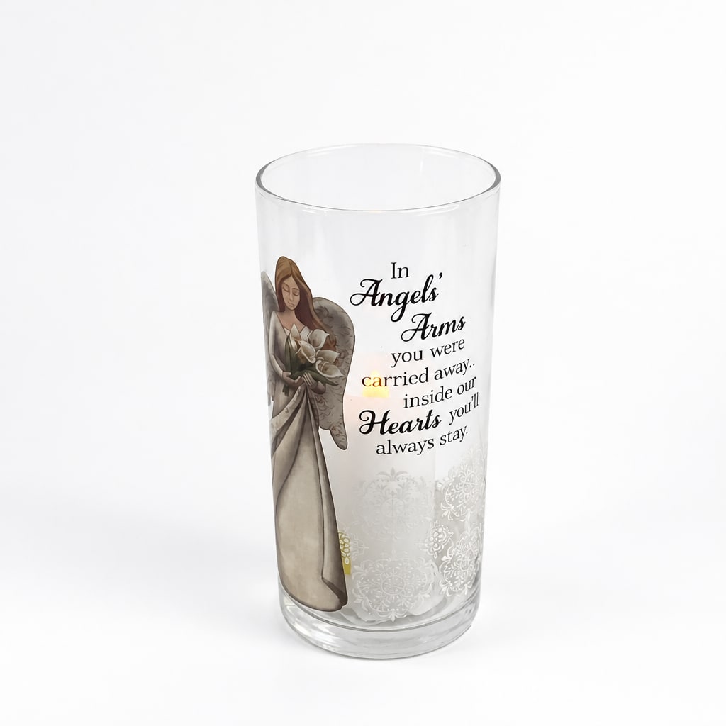 Clear glass memorial candle holder with an angel illustration and printed sympathy message