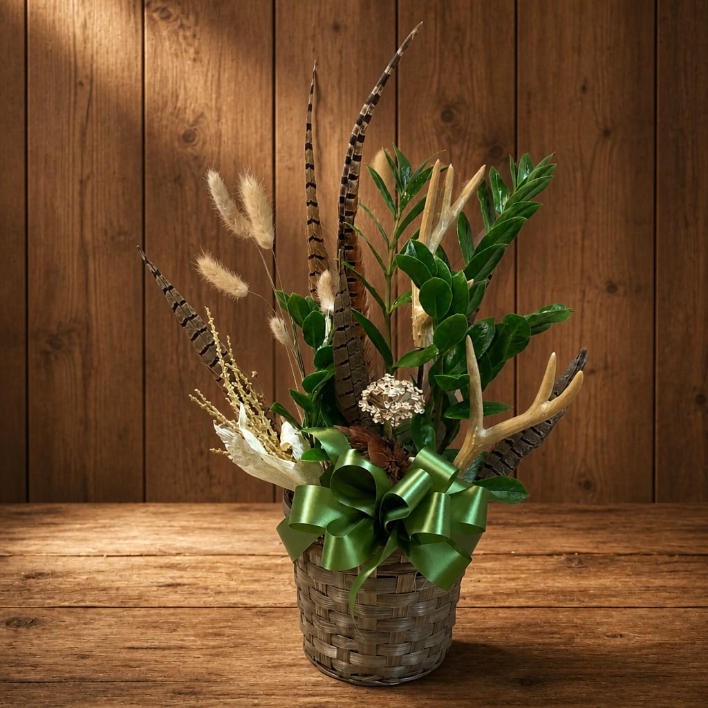 Decorative plant arrangement in a woven basket with a green ribbon