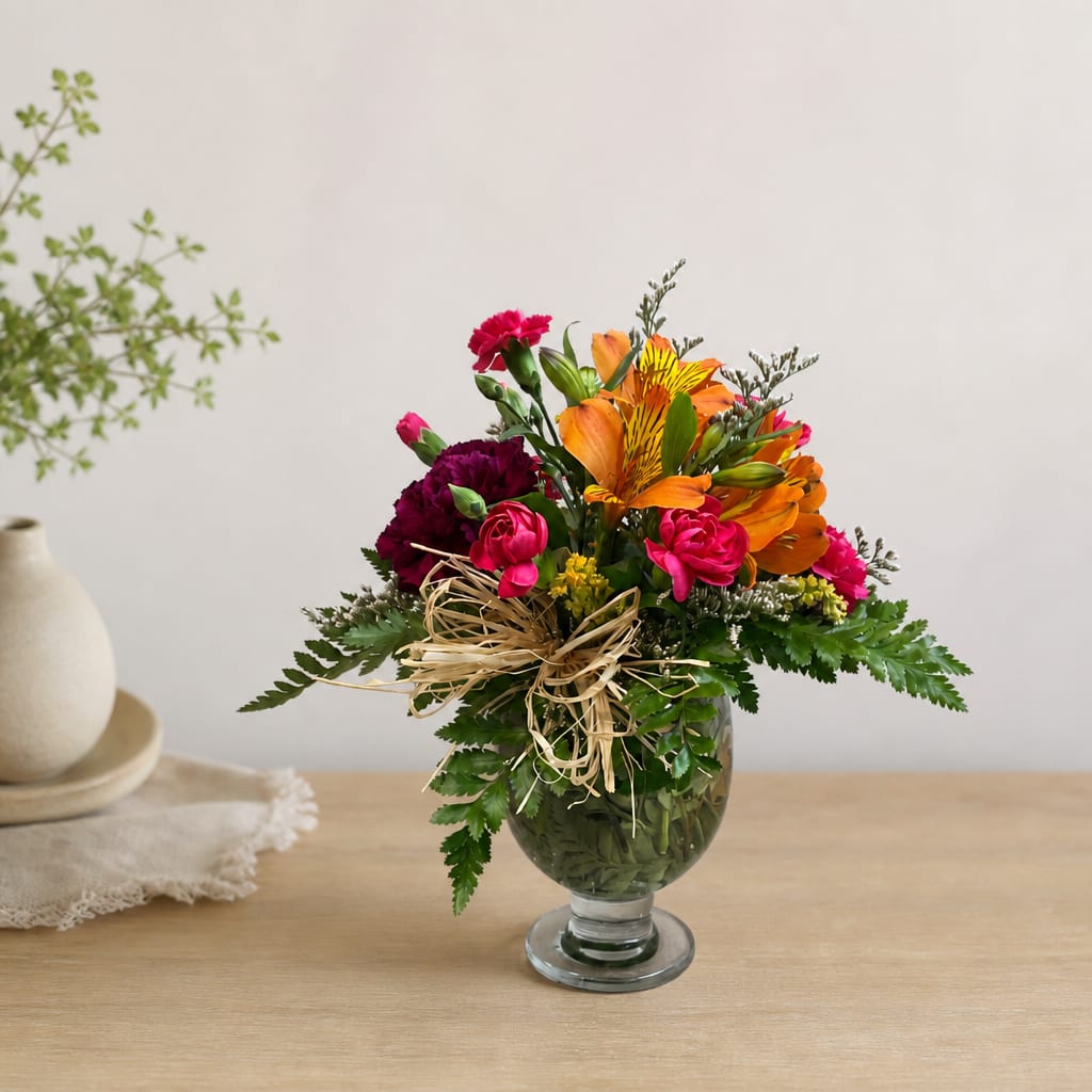 Mixed bouquet of orange, pink, and burgundy flowers in a glass vase