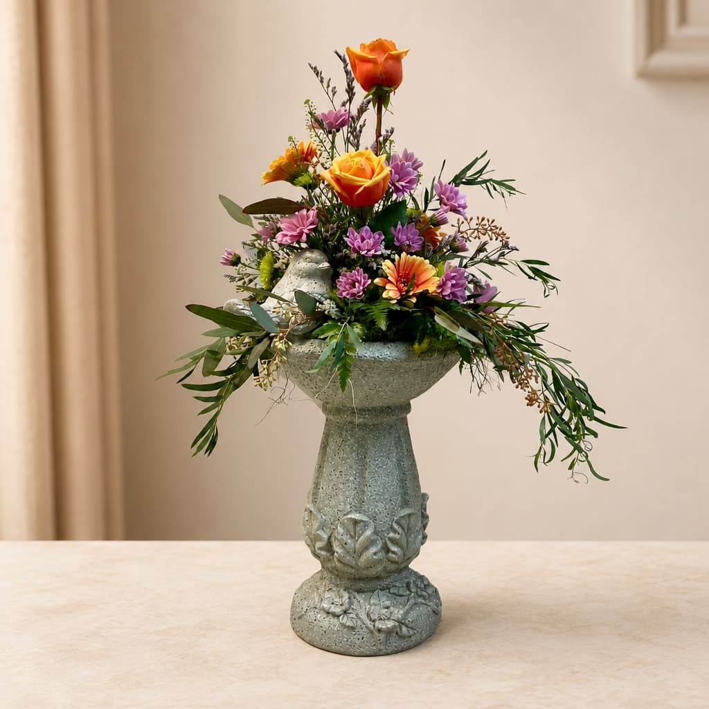 Colorful flower arrangement in a decorative pedestal vase