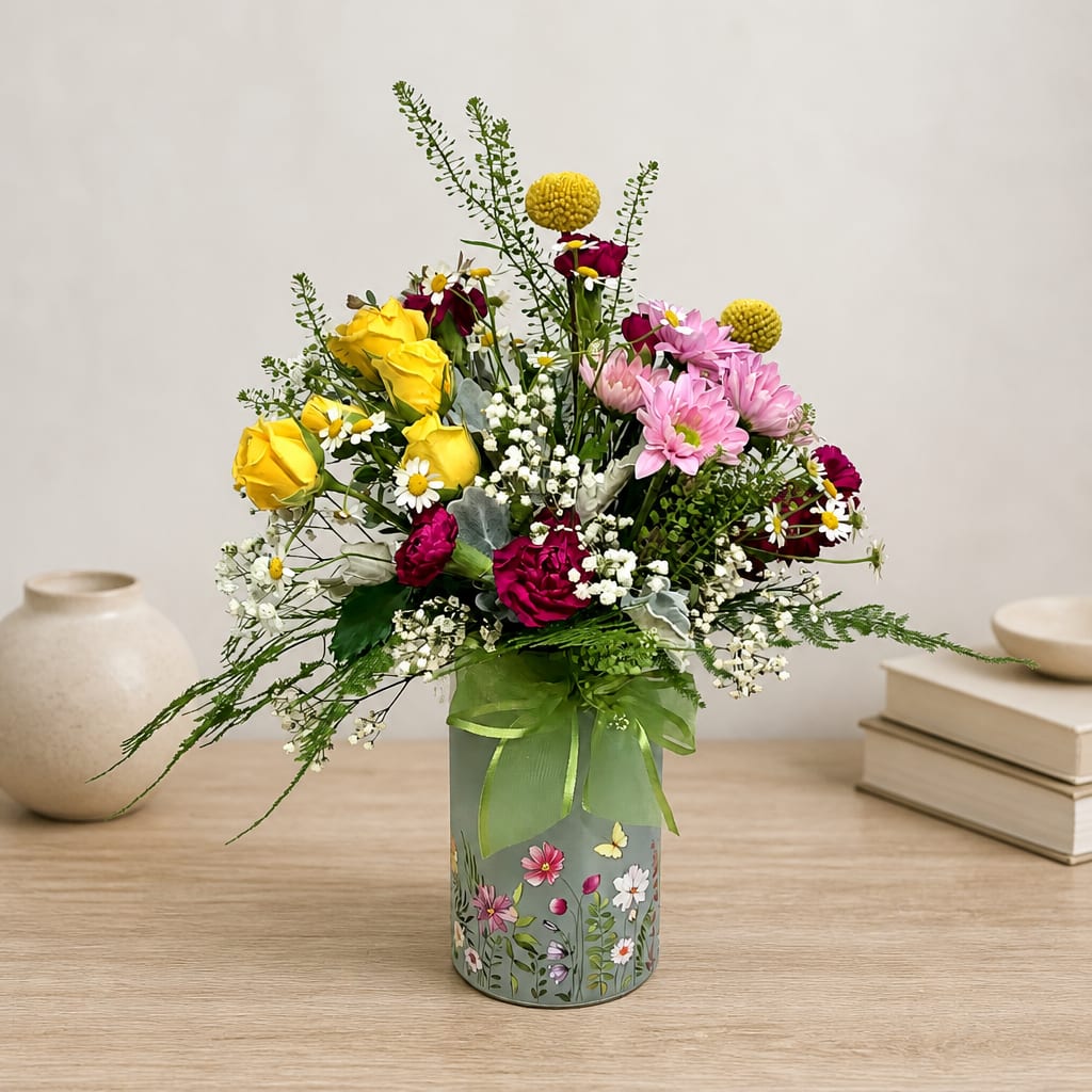 Mixed bouquet of yellow, pink, and burgundy flowers in a decorative vase