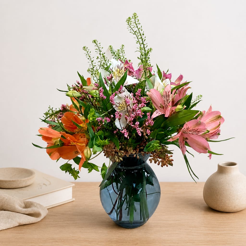 Mixed bouquet of pink, orange, and white flowers in a blue glass vase