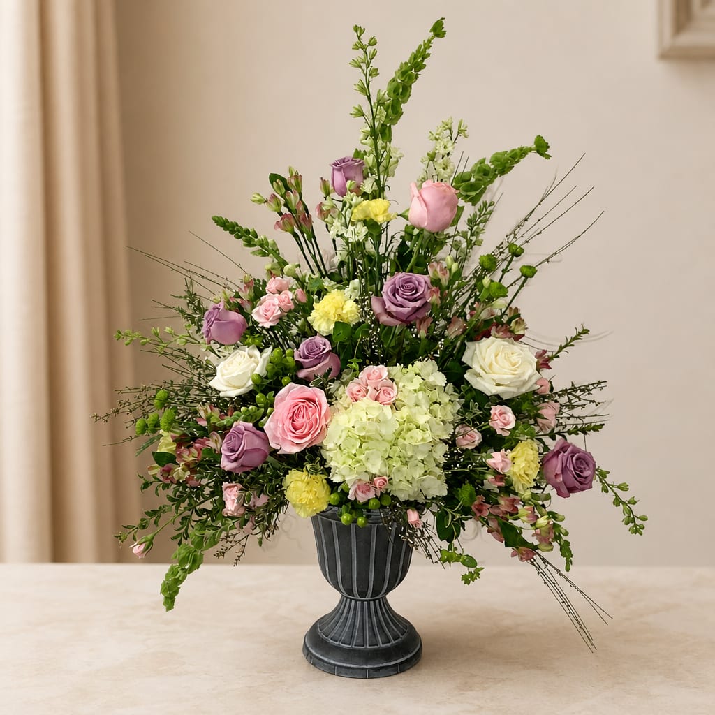 Mixed pink, purple, and white flowers in a dark pedestal vase