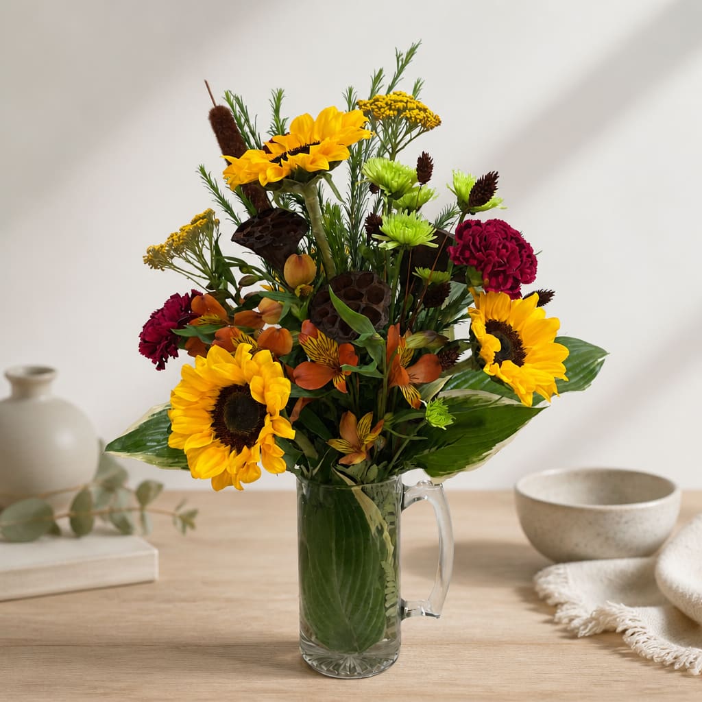 Sunflowers and mixed blooms arranged in a clear glass pitcher vase