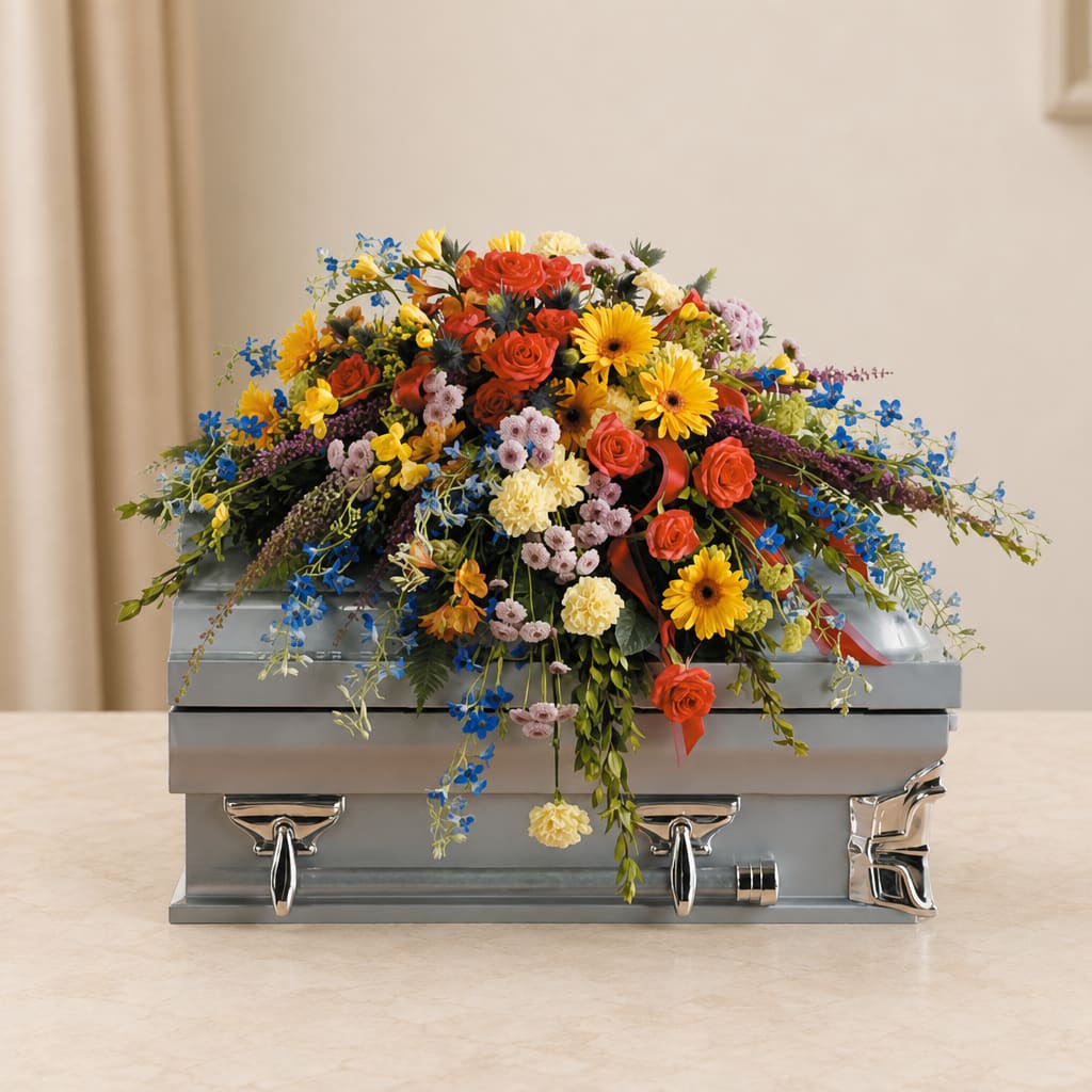 Colorful floral spray on a silver casket