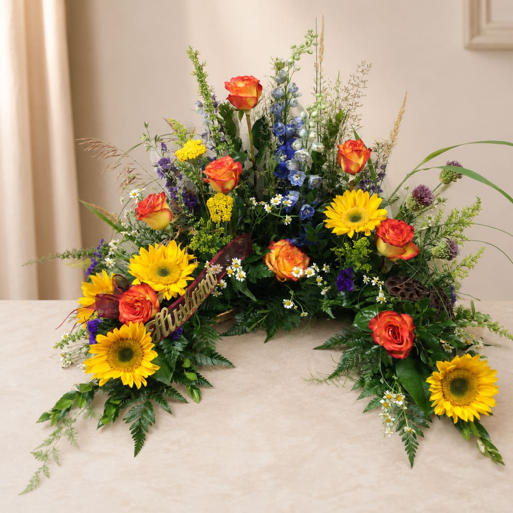 Colorful floral spray with sunflowers and orange roses on a table