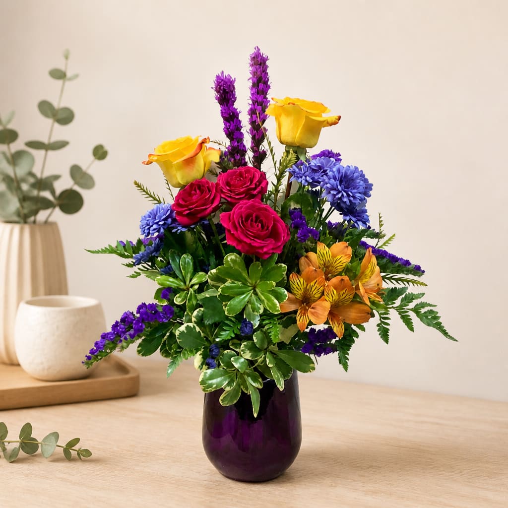 Colorful bouquet of roses, purple spikes, and blue flowers in a purple vase